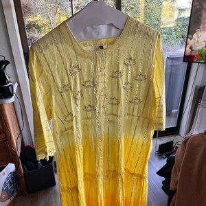 Ladies Embroidered Cotton Anarkali Kurti, White And Yellow (Base) - Size 54